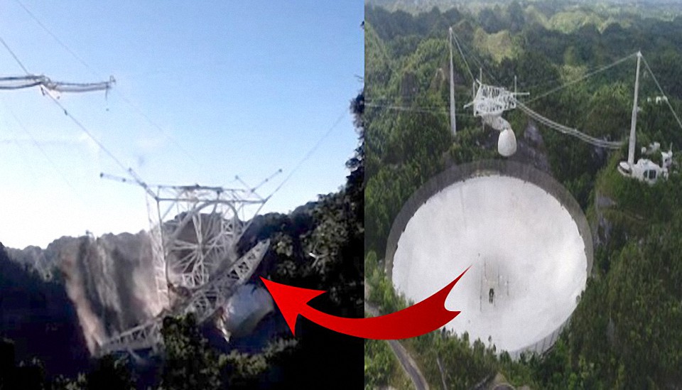 Momento exacto del colapso del radiotelescopio de Arecibo en Puerto Rico