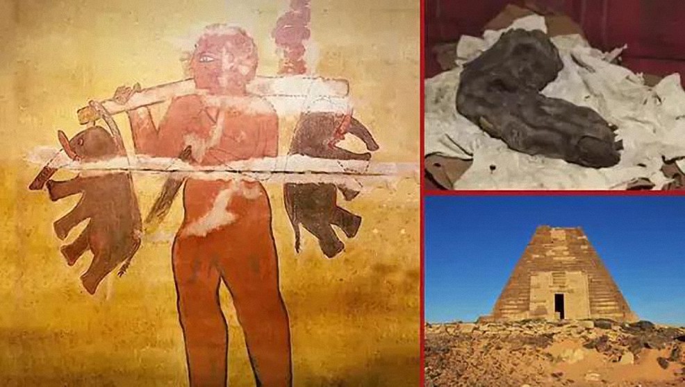 Antiguo mural en las pirámides de Nubia representa a un gigante cargando dos elefantes