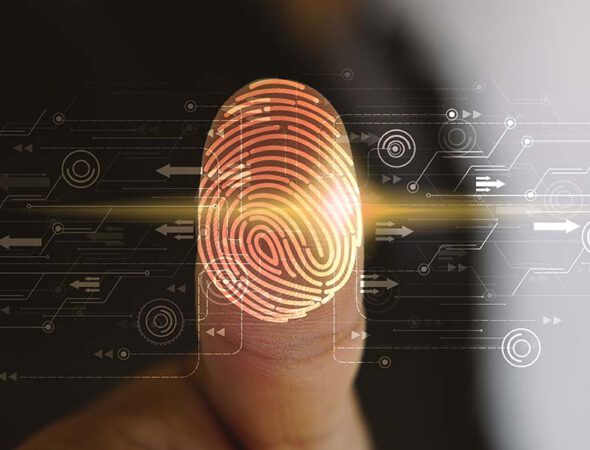 Businessman login with fingerprint scanning technology. fingerpr