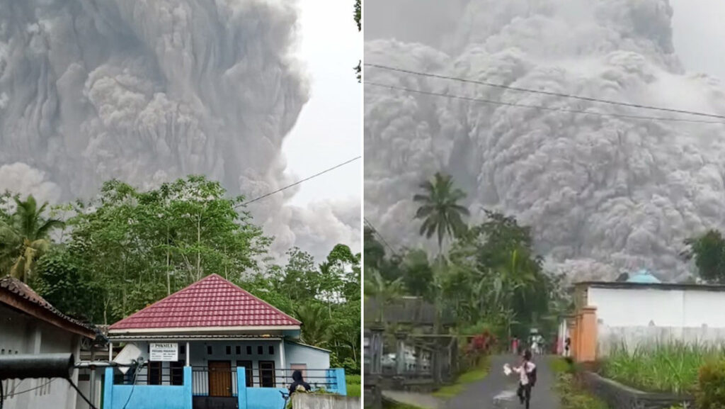 Un volcán entra en erupción en Indonesia y los residentes huyen en pánico mientras a sus espaldas avanza una enorme nube de humo y cenizas