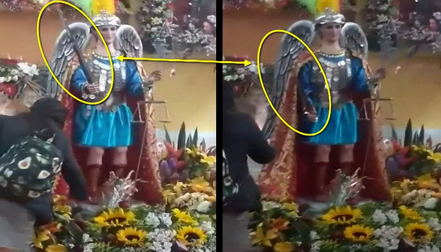 Captan momento exacto donde la figura de San Miguel Arcángel mueve su brazo