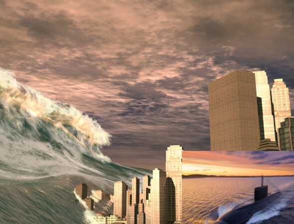 Huge,Tsunami,Sweeping,City
